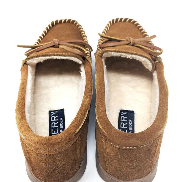 Sperry Shoes Mens 10 Trapper Moccasin Leather Faux Fur Lining Slippers Tan - Picture 4 of 8